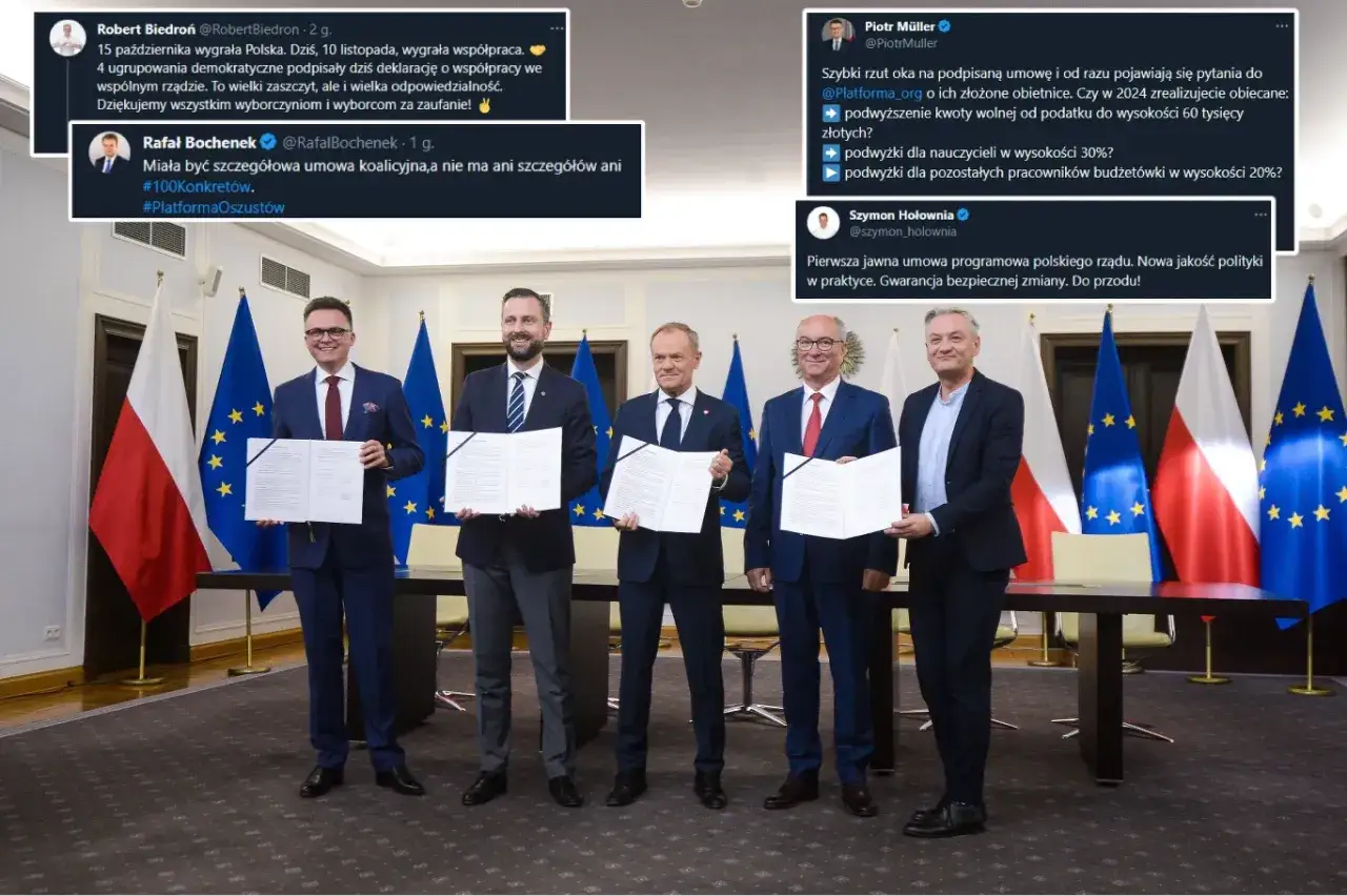 Politycy prezentują tekst umowy koalicyjnej, symbolizując nową jakość polityki i współpracę.