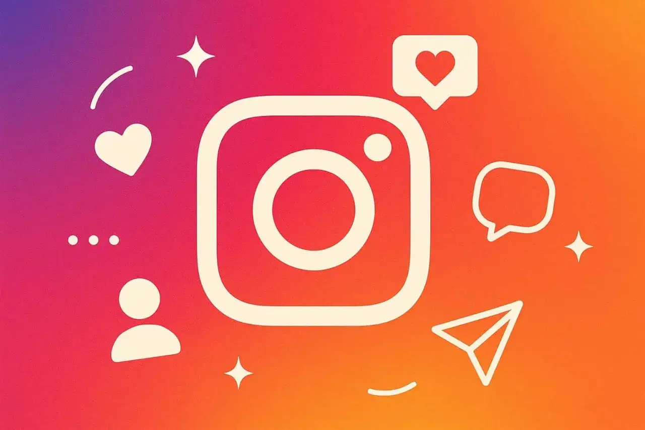 Ikona Instagrama otoczona serduszkami, dymkami i ikoną użytkownika. Dowiedz się, jak zrobić konto prywatne na Instagramie.