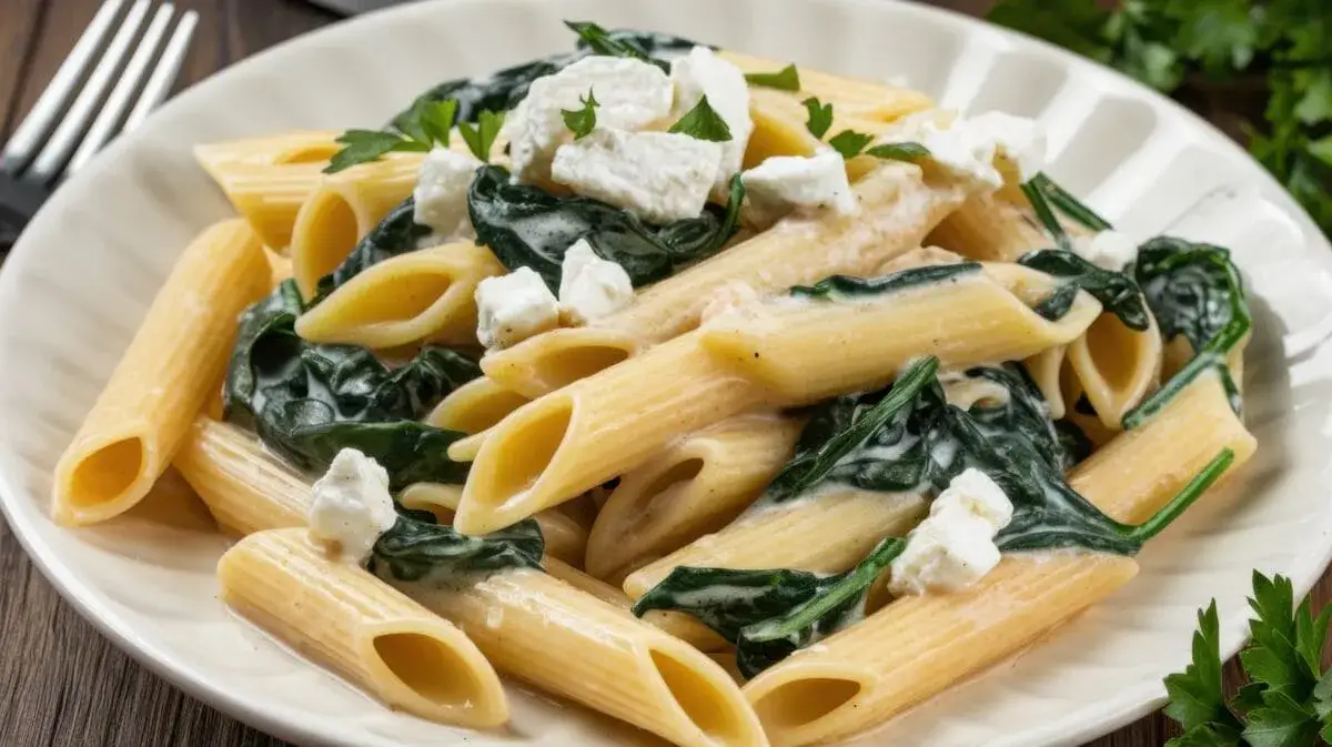 szybki makaron ze szpinakiem i fetą
