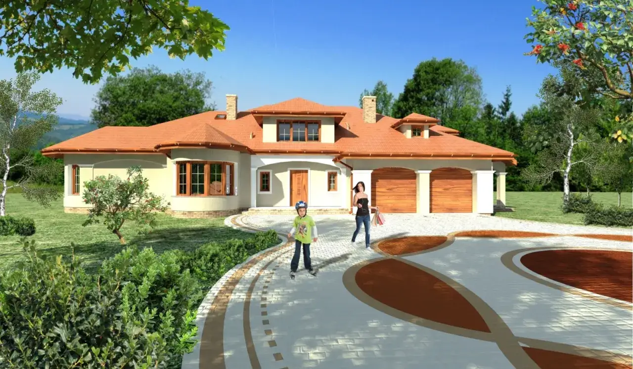 Elegancki dom w stylu klasycznym z czerwoną dach&oacute;wką, otoczony zielenią. Na podjeździe dziecko na rolkach i kobieta z zakupami.