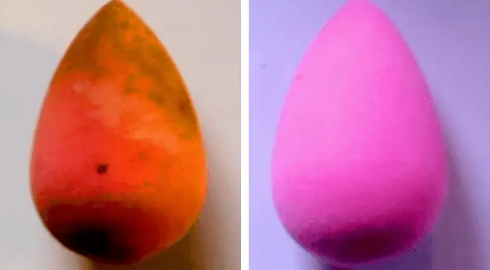 czyszczenie gąbki do makijażu przed i po