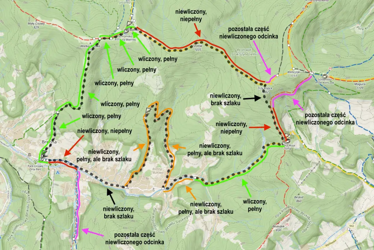 Zielony szlak jest najłatwiejszy, bo wliczony i pełny. Inne są niezaliczane, niepełne lub brak szlaku.