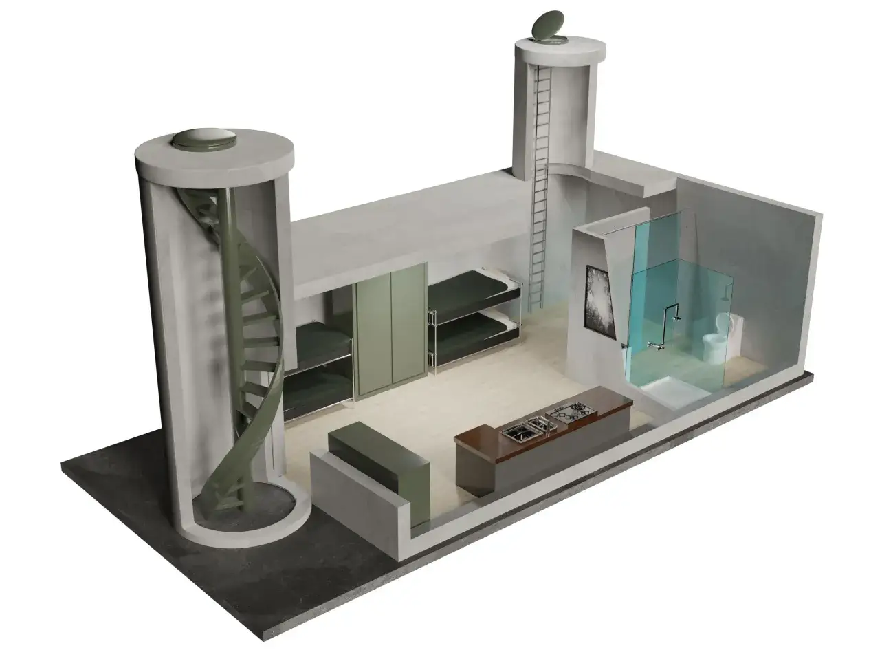 Wizualizacja wnętrza schronu: ł&oacute;żka piętrowe, kuchnia, łazienka. Pokazuje, jak zbudować schron z funkcjonalnym wyposażeniem.