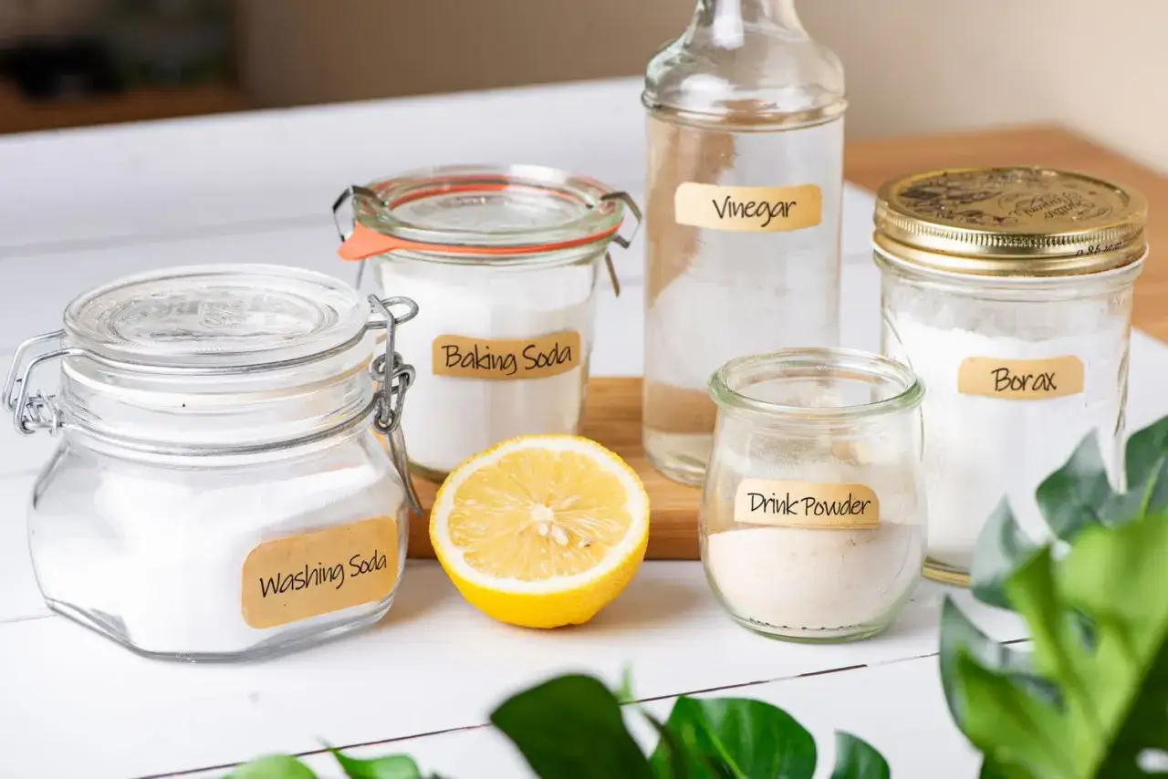 Słoiki z sodą oczyszczoną, sodą kalcynowaną, boraksem, octem i cytryną &ndash; naturalne składniki co zamiast tabletki do zmywarki.