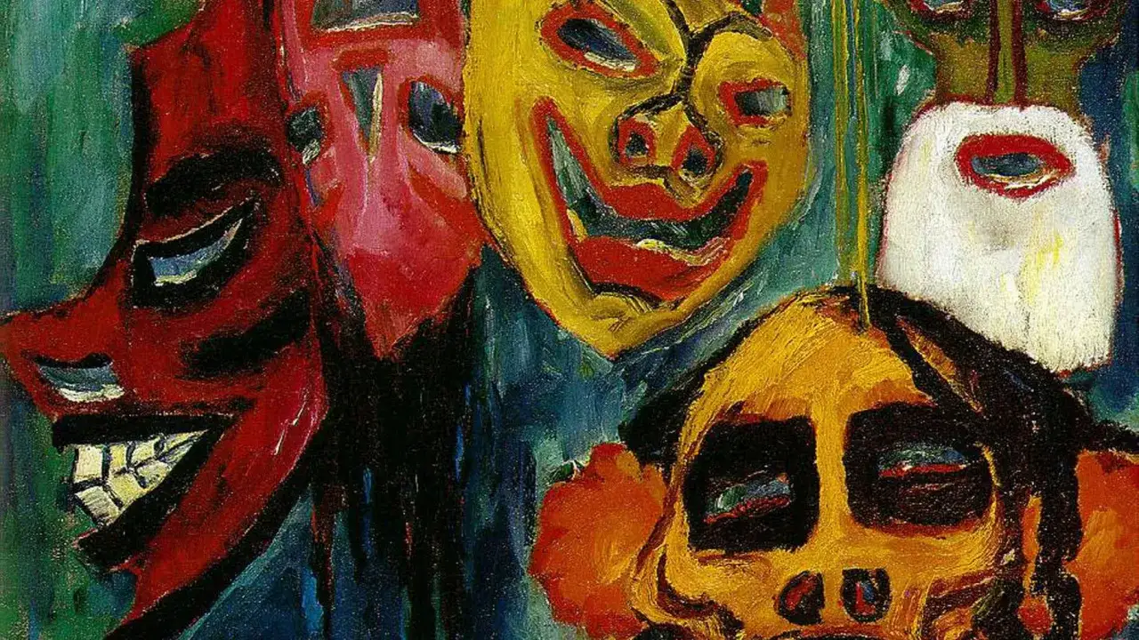 Barwne maski, jak z obrazów ekspresjonizmu w literaturze, emanują emocjami. Czerwona, żółta i biała twarz z wyrazistymi rysami.