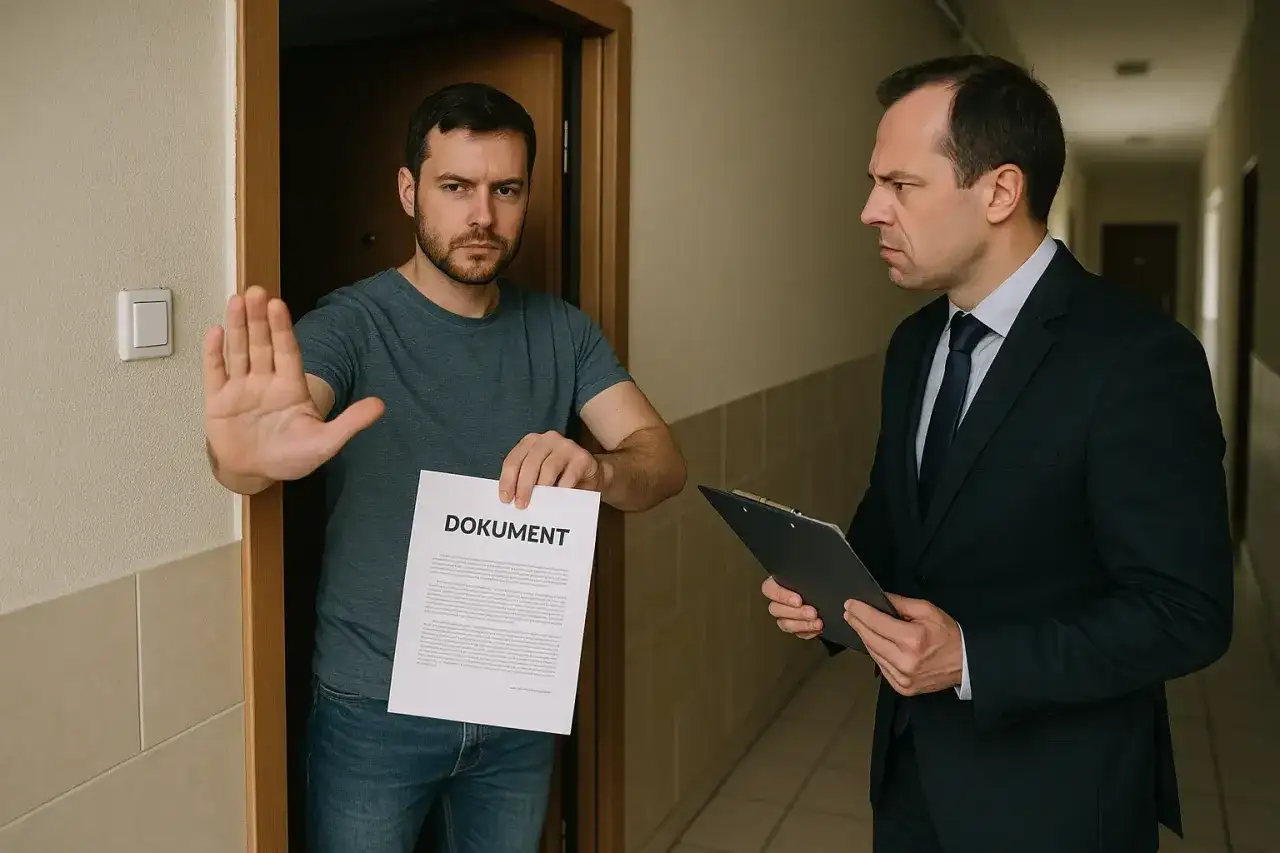 Mężczyzna w szarej koszulce blokuje drzwi, trzymając dokument. Obok stoi mężczyzna w garniturze, co robi windykator, z teczką.