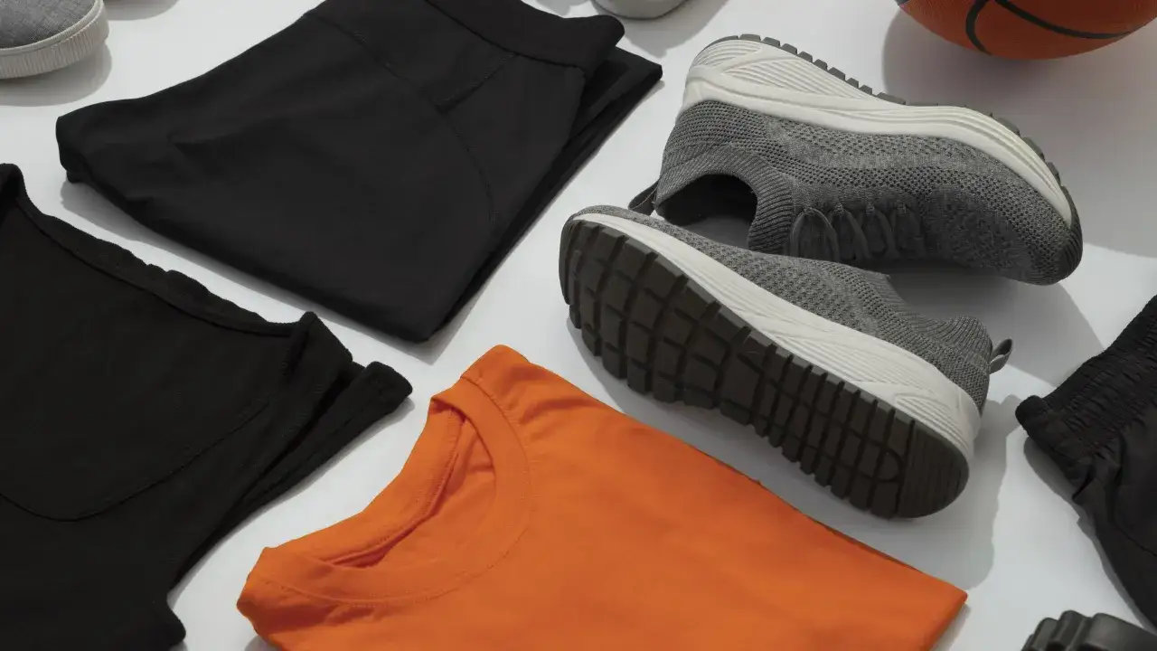 Pomarańczowa koszulka, czarne spodenki i buty sportowe. Czyste ubrania po praniu, bez śladu zapachu potu.