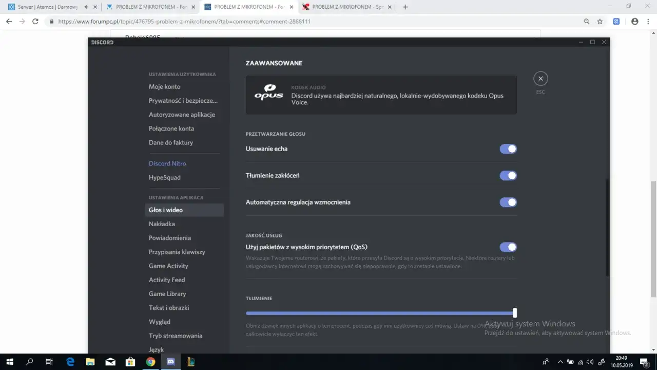 Discord ustawienia głosu tłumienie