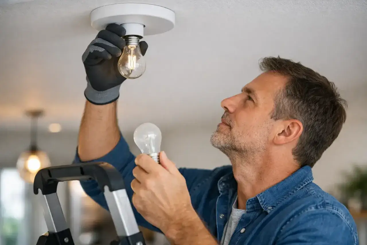 Mężczyzna w rękawiczkach wymienia żarówkę w suficie. Prosty poradnik, jak wymienić żarówkę LED.