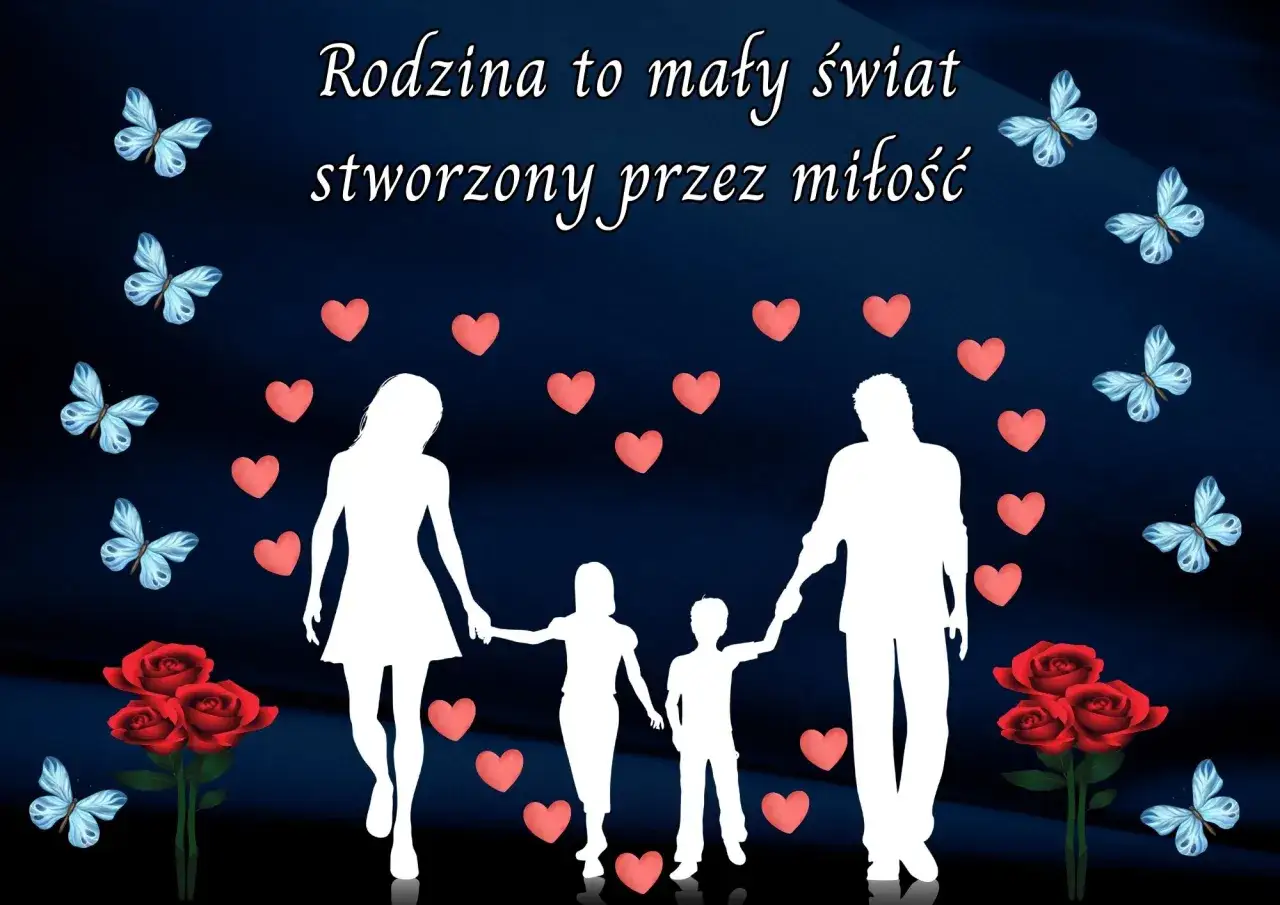 Rodzina to mały świat stworzony przez miłość. Białe sylwetki rodzic&oacute;w i dzieci, otoczone serduszkami i motylami, idealne na Dzień Mamy.