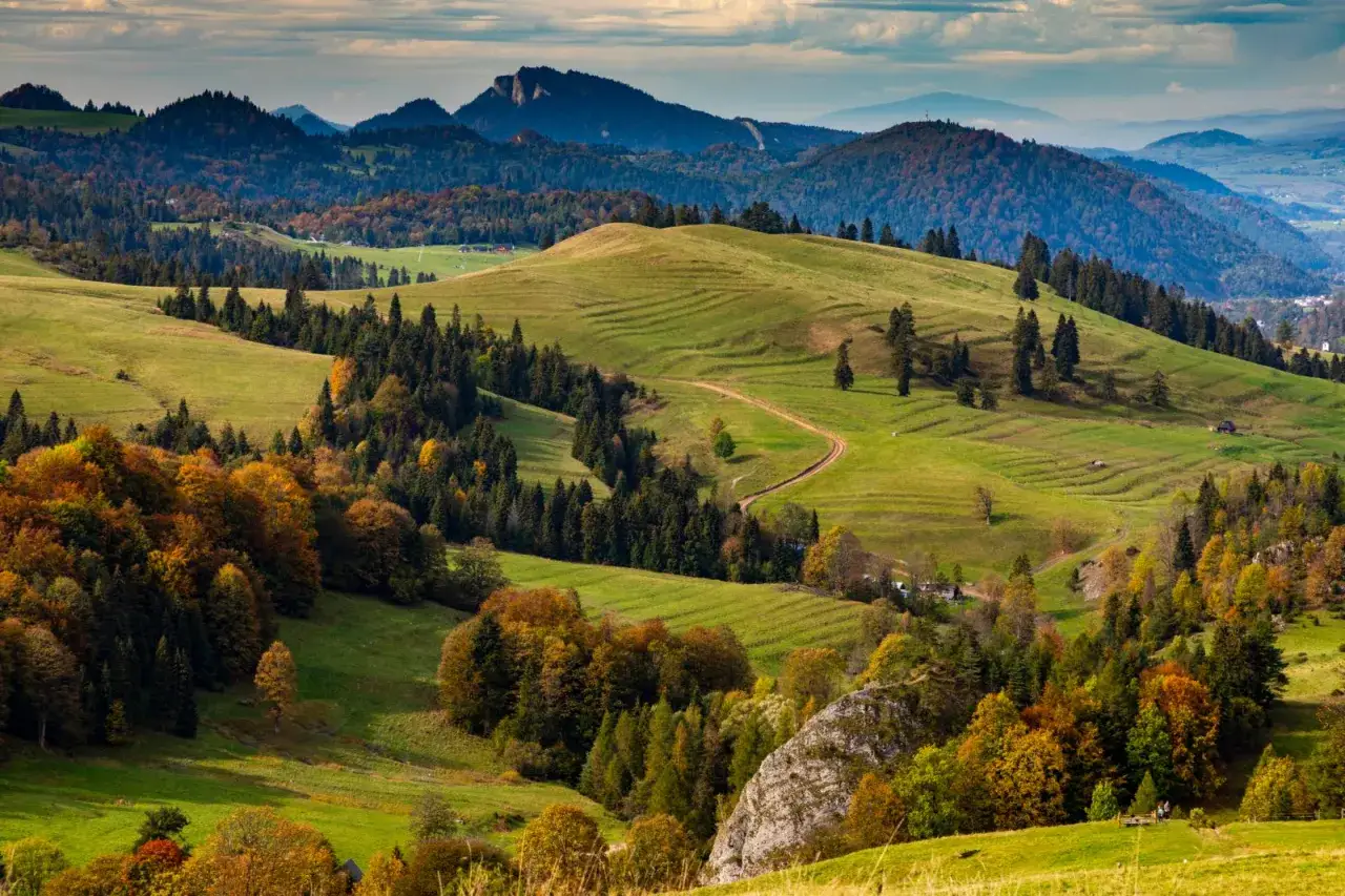 Jesienne wzg&oacute;rza Pienin, gdzie ścieżka prowadzi do legendarnej bac&oacute;wki Kr&oacute;lowej Jadwigi.