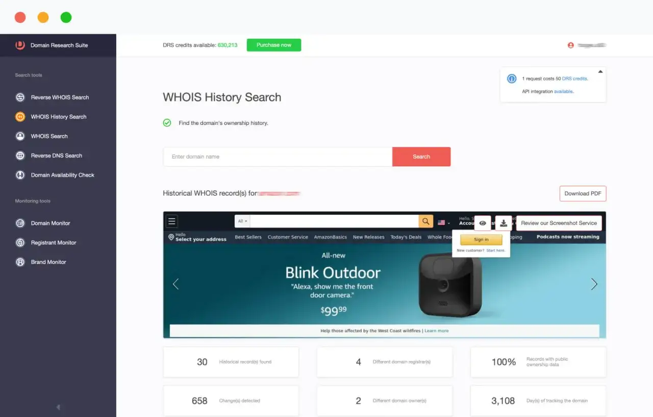 WHOIS History interfejs przykład