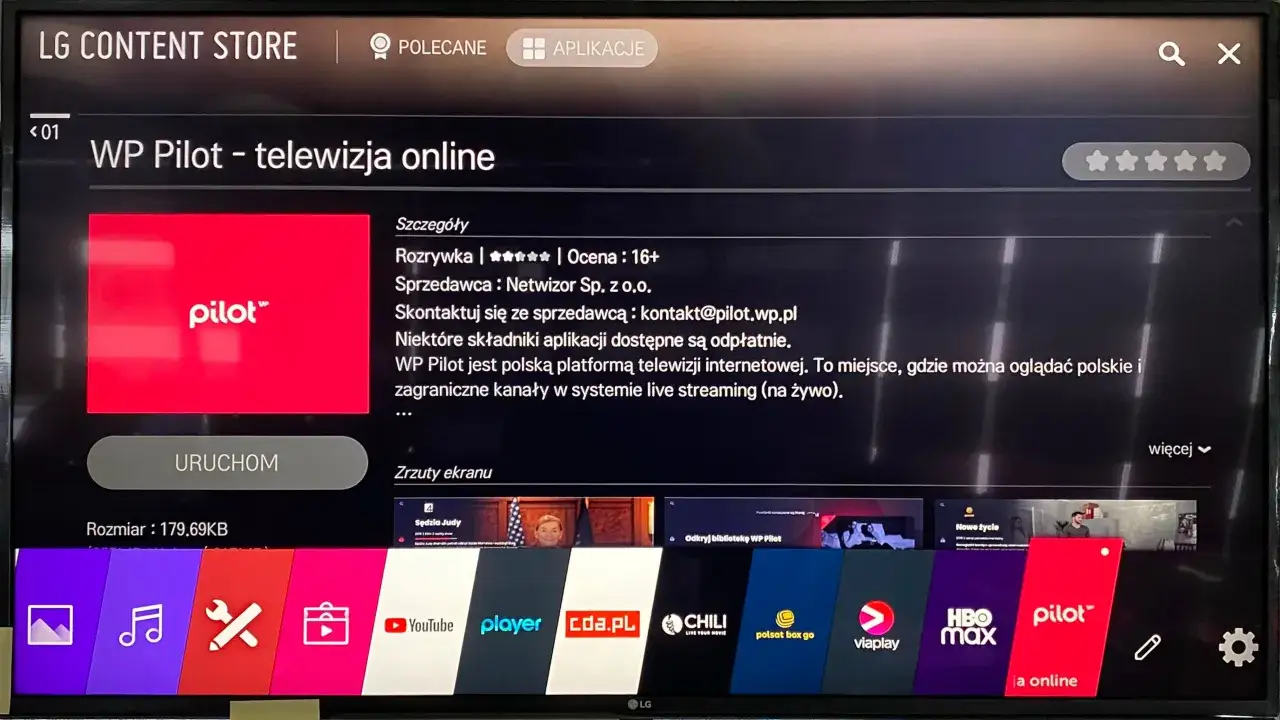 LG Content Store: WP Pilot - telewizja online. Jak zainstalować aplikacje na TV LG? Zobacz szczegóły i zrzuty ekranu.