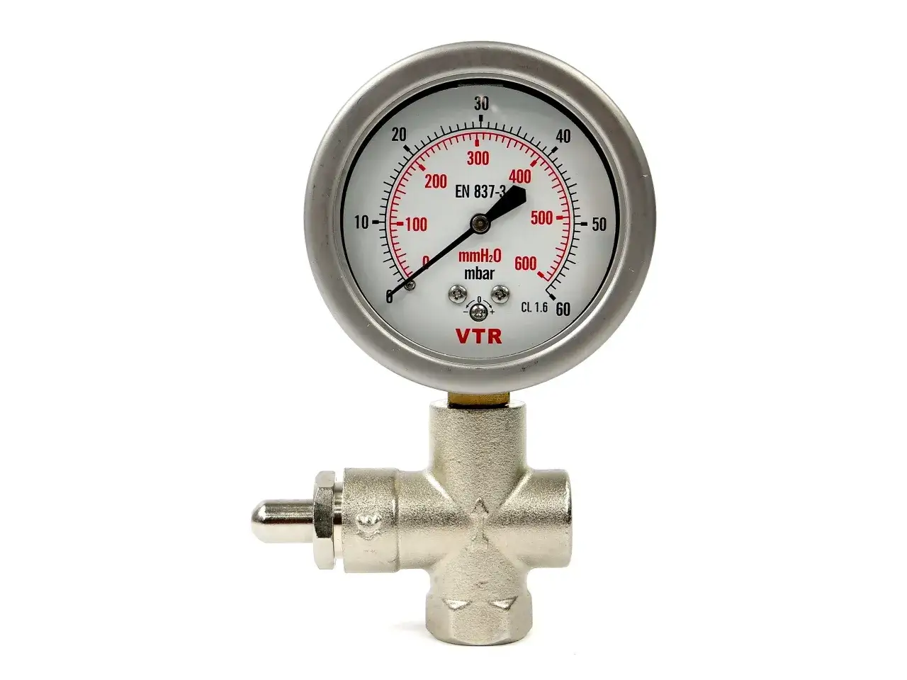 Manometr z zaworem, pomocny przy pytaniu jak spuścić ciśnienie z pieca gazowego.