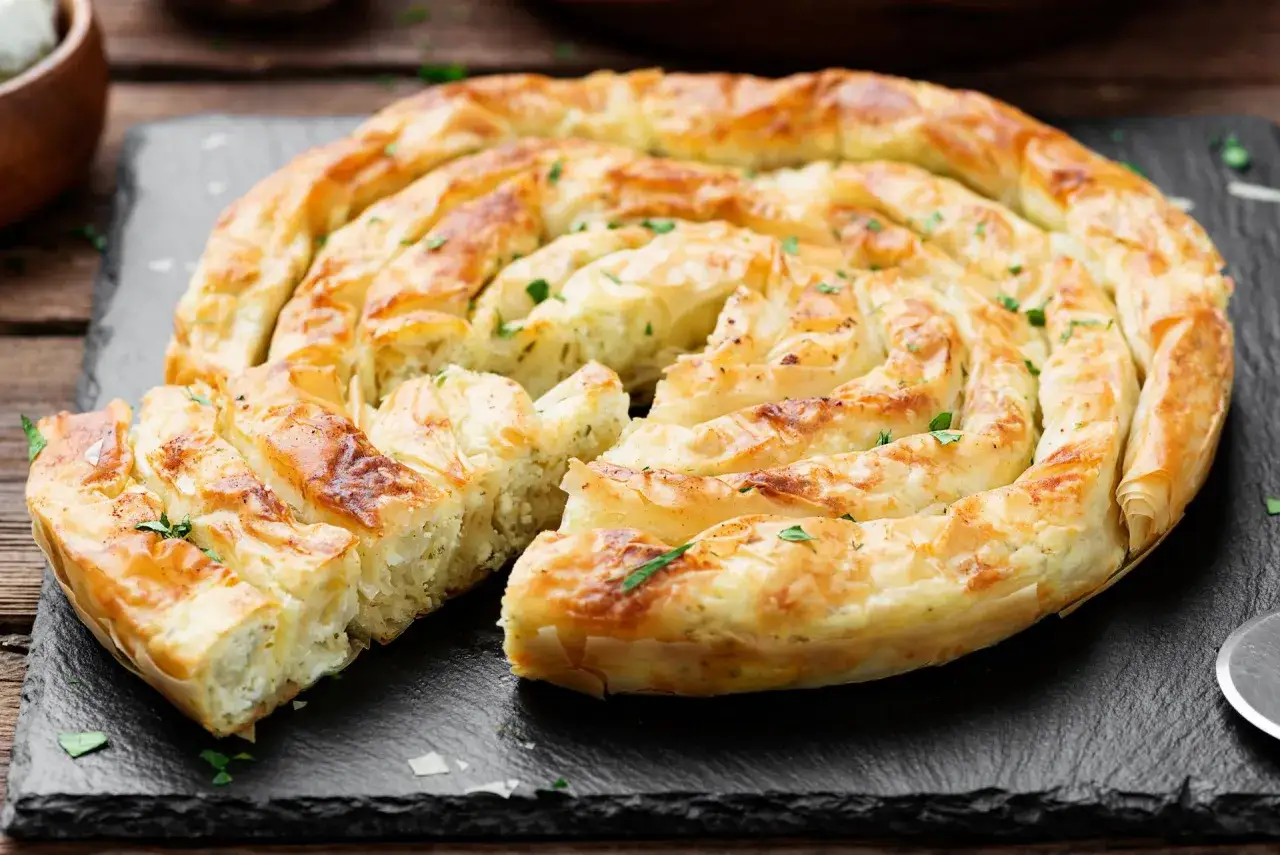 Złocista banica z serem, zwinięta w spiralę, posypana natką. Idealna na obiad, pyszny banica przepis.