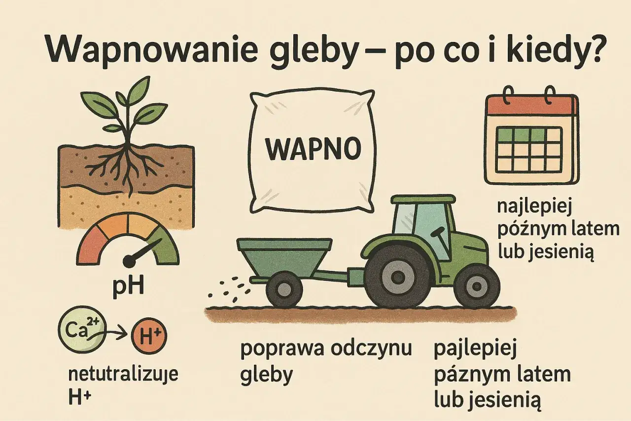 Wapnowanie gleby – kiedy najlepiej? Ilustracja pokazuje traktor rozsypujący wapno, symbol pH i kalendarz. Najlepiej późnym latem lub jesienią.