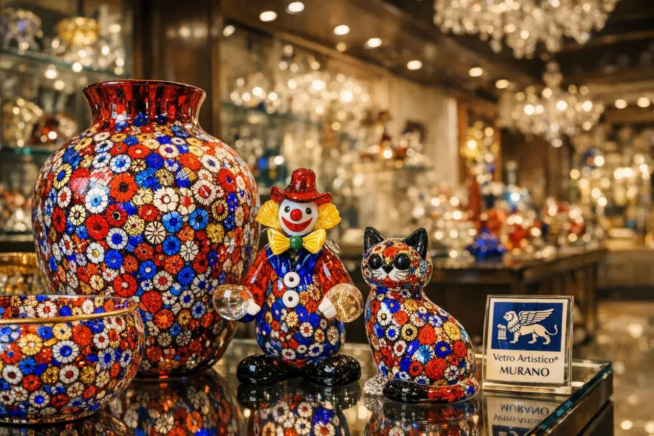 Kolorowe figurki z szkła, w tym wazon, klaun i kot, ozdobione kwiatowymi wzorami. Jak rozpoznać szkło Murano? Zwr&oacute;ć uwagę na detale i certyfikat.