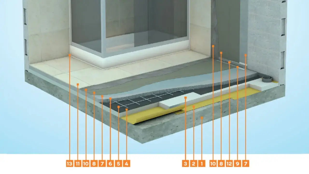 Przekrój prysznicowy pokazuje warstwy podłogi i ściany. Zastanawiasz się, co pierwsze: płytki na ścianę czy podłogę? Tutaj widzimy, że najpierw kładzione są płytki na podłogę.