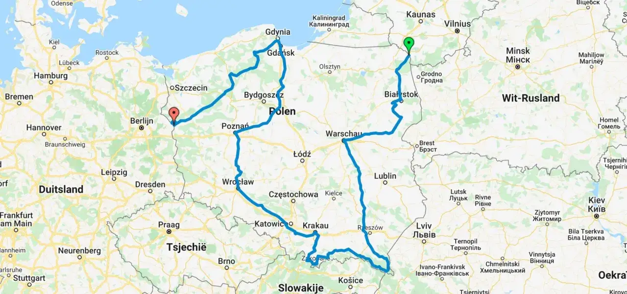 Trasa Polska-Włochy: mapa pokazuje podr&oacute;ż przez Polskę, Niemcy i Włochy, z zaznaczonymi miastami jak Berlin, Poznań, Wrocław, a następnie przez Alpy do Włoch.