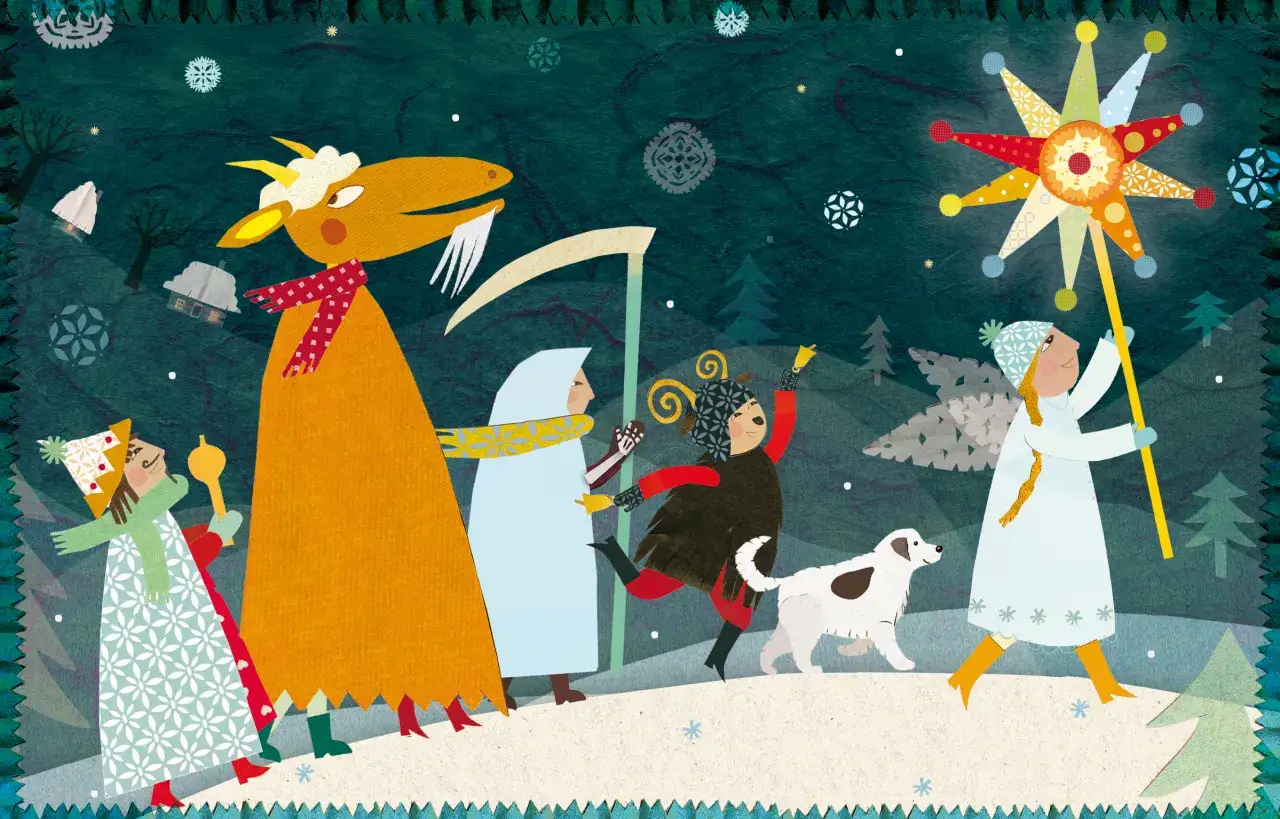 Kolędnicy z gwiazdą idą przez zasypaną śniegiem wieś. Wśród nich turoniowa postać, pies i dzieci niosące światełko z narodzenia Pana.