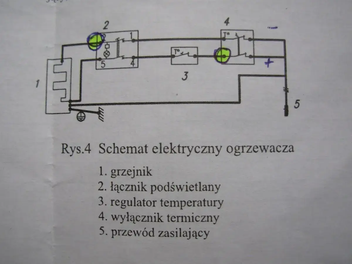 Schemat elektryczny ogrzewacza: grzejnik, łącznik, regulator temperatury, wyłącznik termiczny i przewód zasilający. Dowiedz się, jak podłączyć bojler.