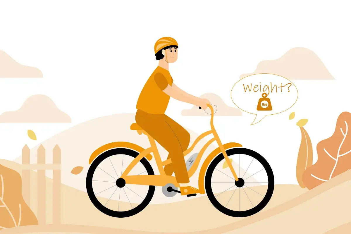 Chcesz wiedzieć, ile waży rower elektryczny? Ten rysunek pokazuje rowerzystę zastanawiającego się nad wagą swojego e-roweru.
