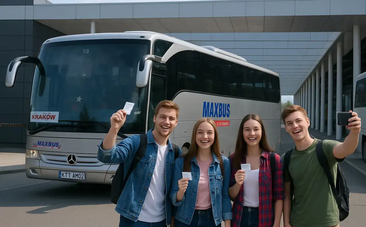 Uśmiechnięci młodzi ludzie z biletami w ręku przed autokarem MAXBUS z napisem 