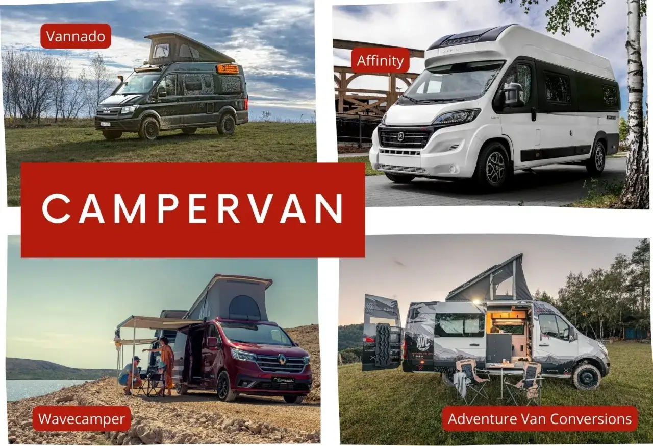 R&oacute;żne rodzaje kamper&oacute;w: Vannado, Affinity, Wavecamper i Adventure Van Conversions.