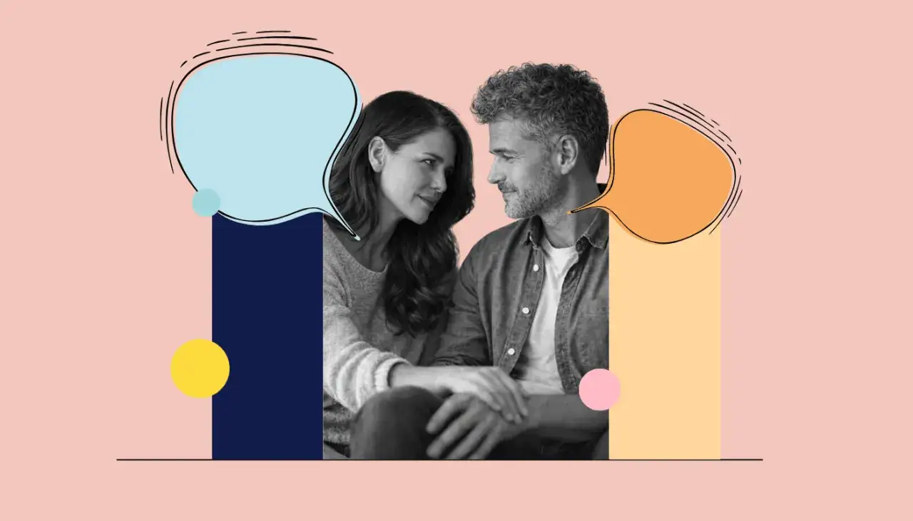 Para stashing w związku, gdy rozmowy są jak kolorowe dymki unoszące się nad parą, kt&oacute;ra patrzy sobie w oczy.