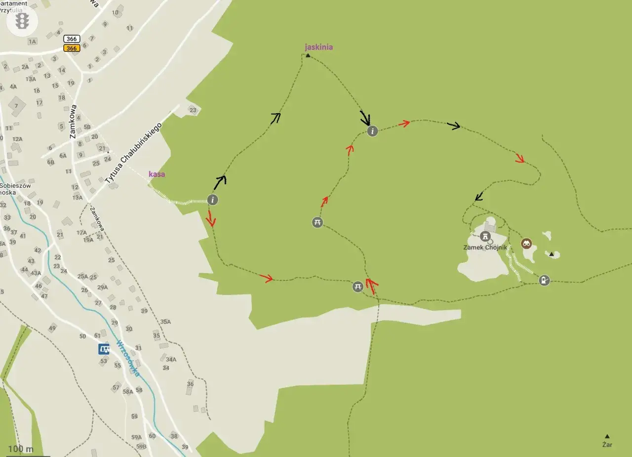 Mapa turystyczna z zaznaczoną trasą do jaskini i Zamku Chojnik.