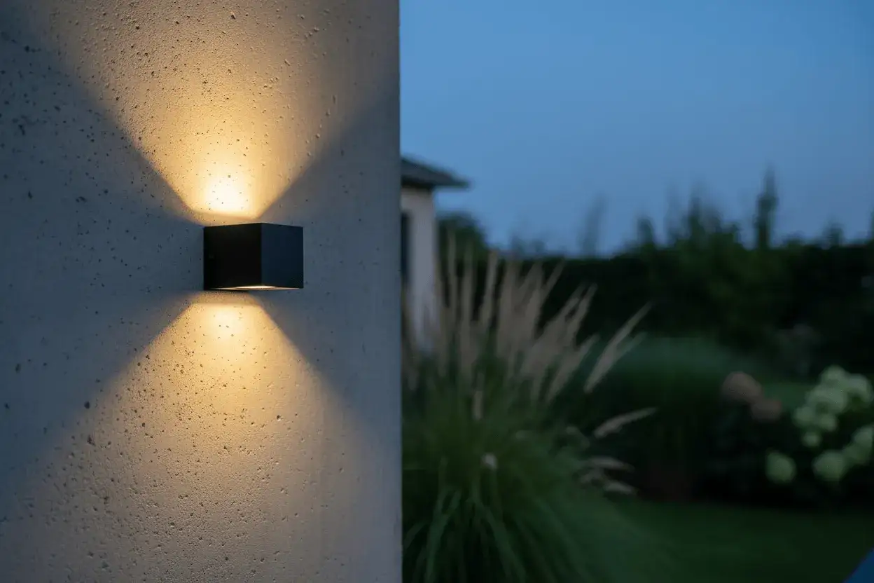 Nowoczesne kinkiety zewnętrzne oświetlają ścianę, tworząc efektowne wzory. Idealne do podkreślenia architektury domu.