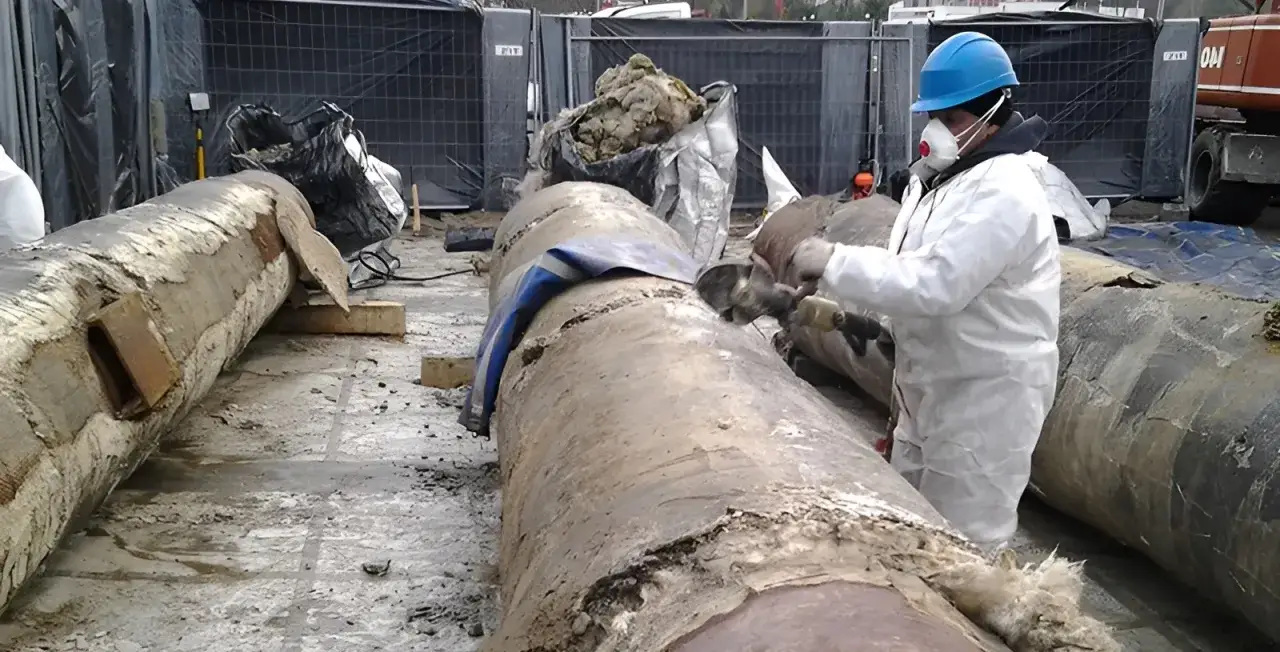 Pracownik w kombinezonie i masce usuwa eternit z rur. Dowiedz się, ile kosztuje demontaż eternitu.