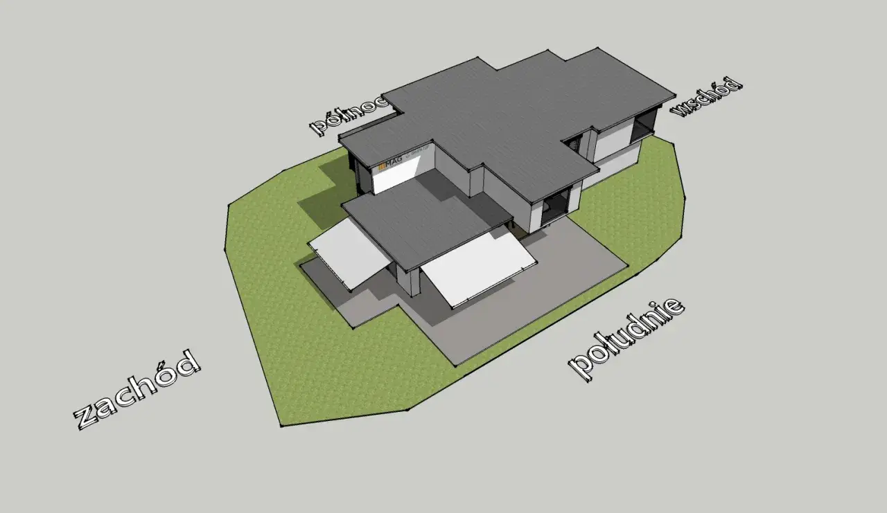 Projekt domu zadaszonego tarasu, który może wpływać na to, czy taras wlicza się do powierzchni zabudowy. Orientacja względem stron świata: północ, południe, wschód, zachód.