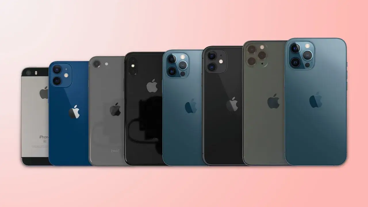 Rząd iPhone'ów od SE do 12 Pro Max, pokazujący różnice w rozmiarach i aparatach. Porównanie iphone 12 wymiary.