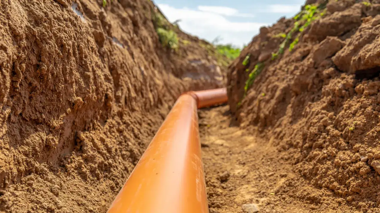 Pomarańczowa rura w wykopie ziemnym, element systemu odwodnienia domu.