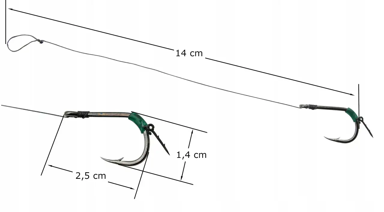 Gotowy przypon do metody z igłą, długość 14 cm, haczyk 2,5 cm, szerokość 1,4 cm. Idealny do łowienia karpi.