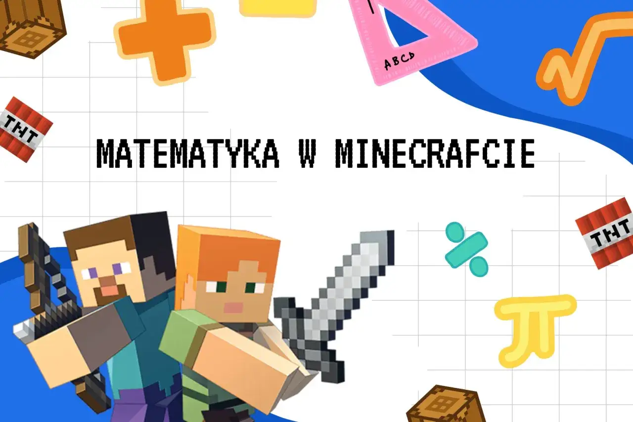 Steve i Alex z Minecrafta otoczeni symbolami matematycznymi, jak pi i pierwiastek. To matematyka z Minecraftem!
