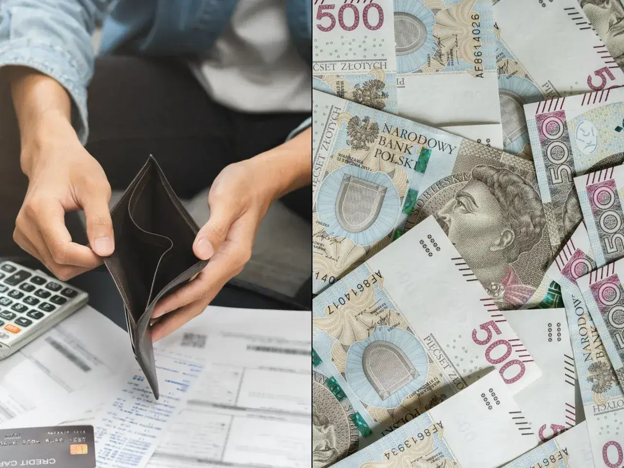 Puste ręce nad pustym portfelem i stos banknotów 500 zł. Czas sprawdzić swoje długi i zacząć oszczędzać.
