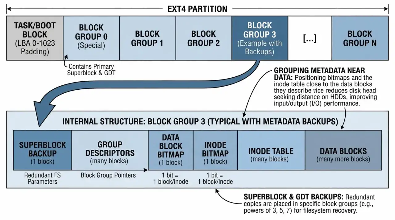 Schemat EXT4: podział na grupy blok&oacute;w, gdzie 