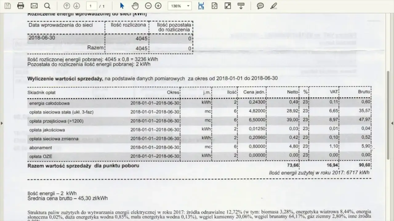 Przykładowa faktura za prąd z fotowoltaiką net-billing