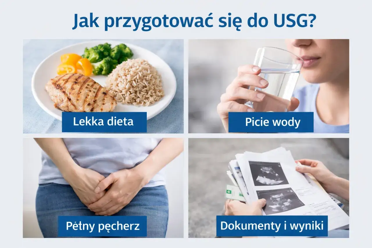 Jak przygotować się do USG jamy brzusznej: lekka dieta, picie wody, pełny pęcherz i dokumenty.