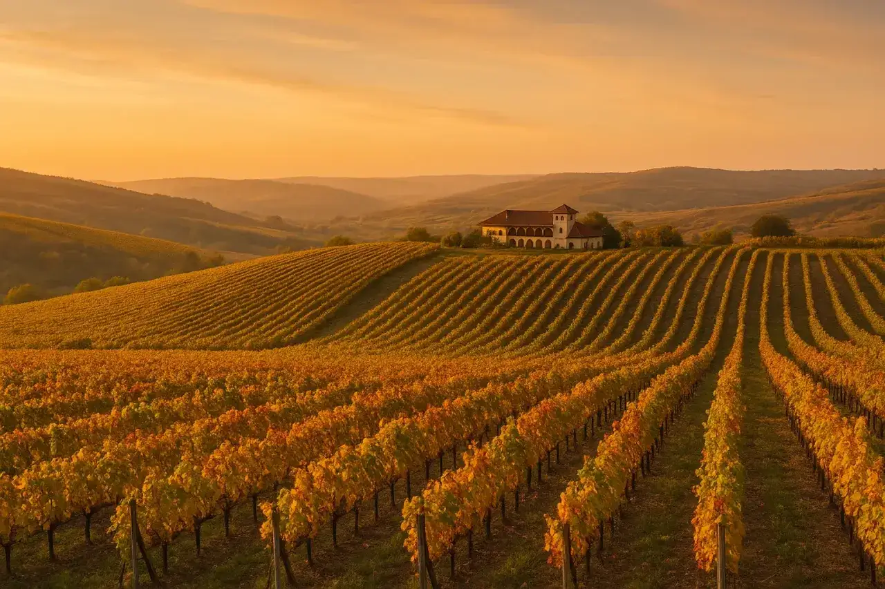 Złociste wzg&oacute;rza winnic w Macedonii, gdzie słońce zachodzi nad tradycyjnym domem winiarskim.