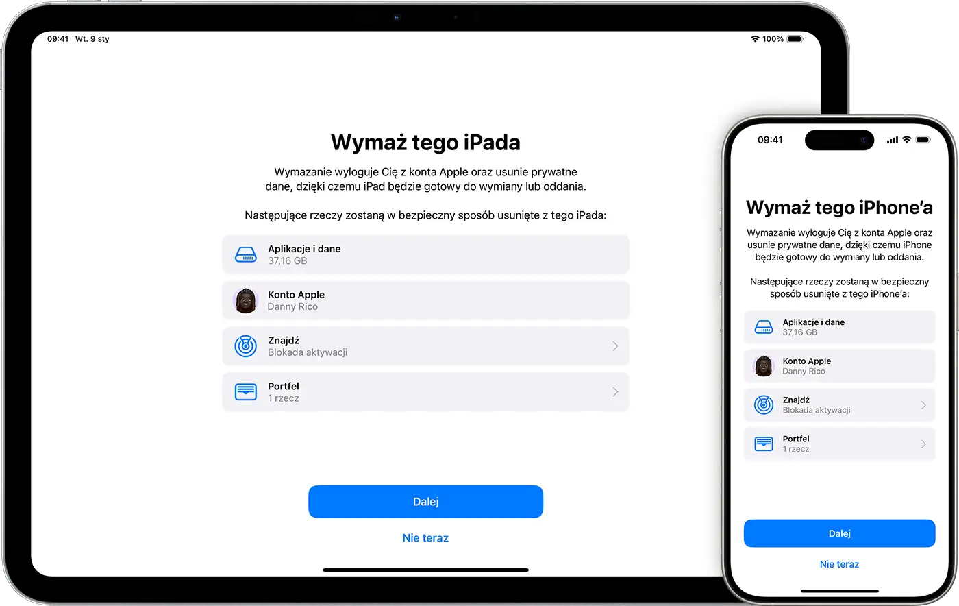 Ekran iPhone'a i iPada pokazuje, jak zresetować iPhone do ustawień fabrycznych, usuwając dane i wylogowując z konta Apple.