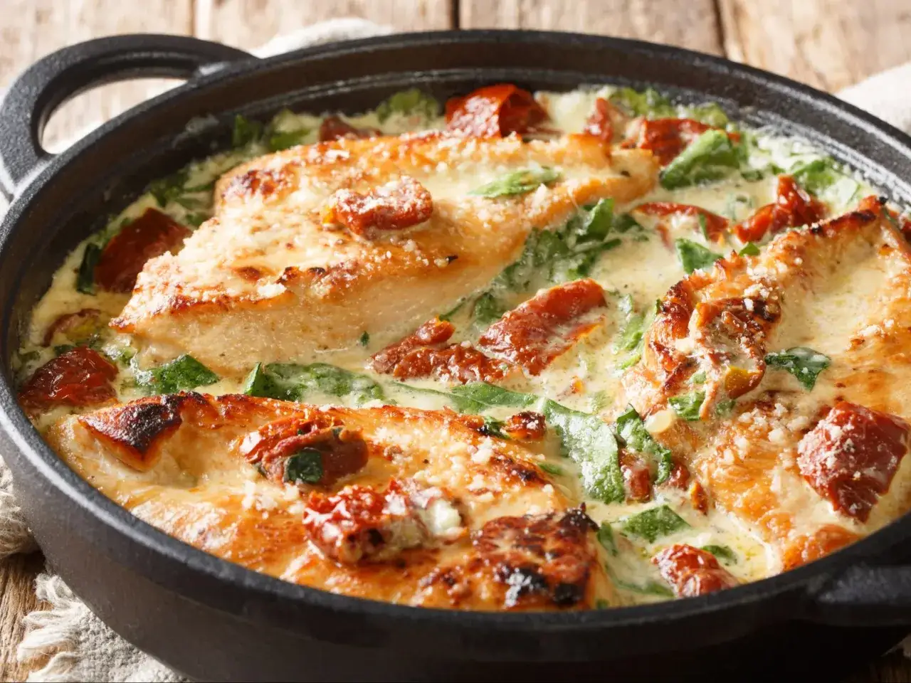 Pyszne danie z filetów z kurczaka w kremowym sosie z suszonymi pomidorami i szpinakiem. Idealne co na obiad z filetów z kurczaka.