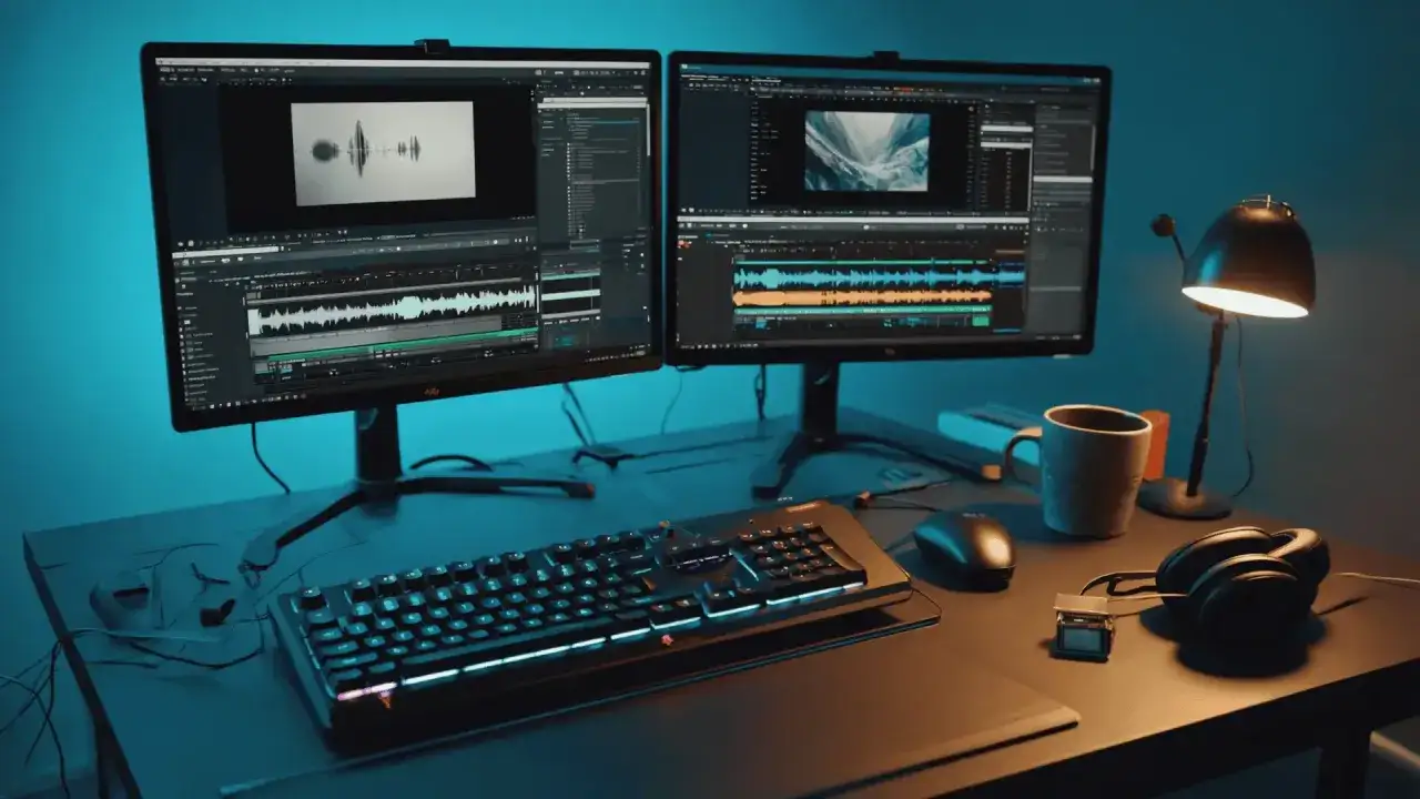 Stacja robocza z dwoma monitorami wyświetlającymi interfejs darmowego edytora wideo, klawiaturą, myszką i słuchawkami.