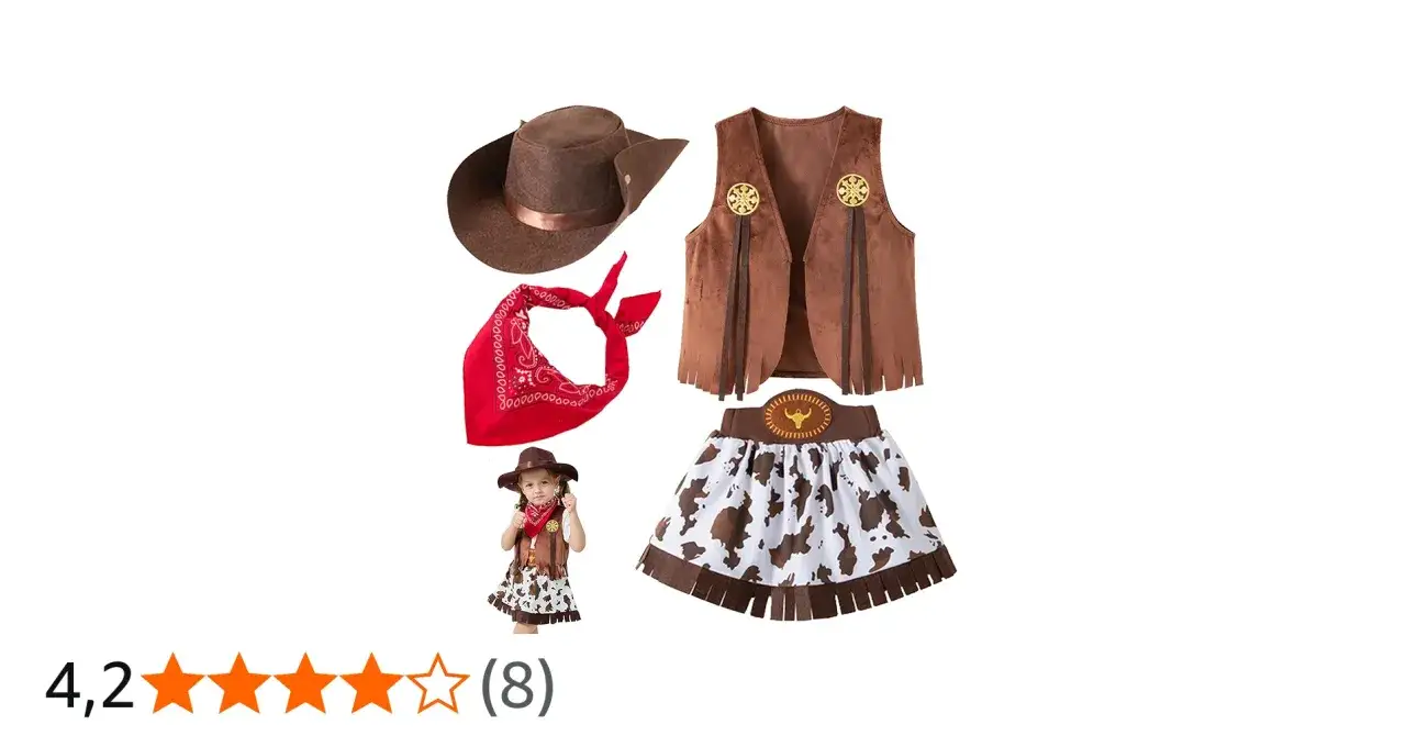Jak zrobić strój kowbojki dla dziewczynki: brązowy kapelusz, kamizelka, spódniczka w cętki, czerwona bandana i mała modelka w stroju.