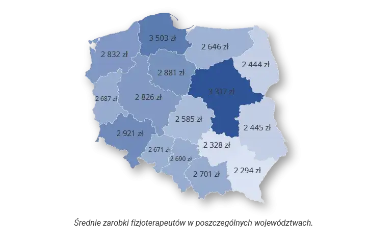 Mapa Polski zarobki fizjoterapeutów województwa