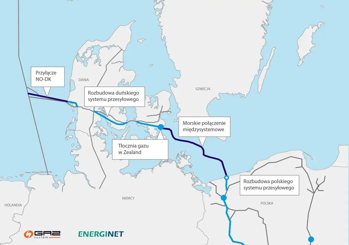 Mapa pokazuje przebieg gazociągu wysokiego ciśnienia łączącego Danię z Polską, uwzględniając odległość budynku od gazociągu.