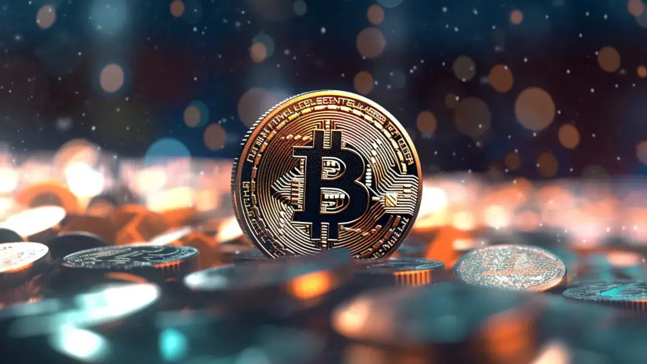 Złoty bitcoin na tle rozmytych monet. Czy to szczyt, czy początek pit kryptowaluty do kiedy?