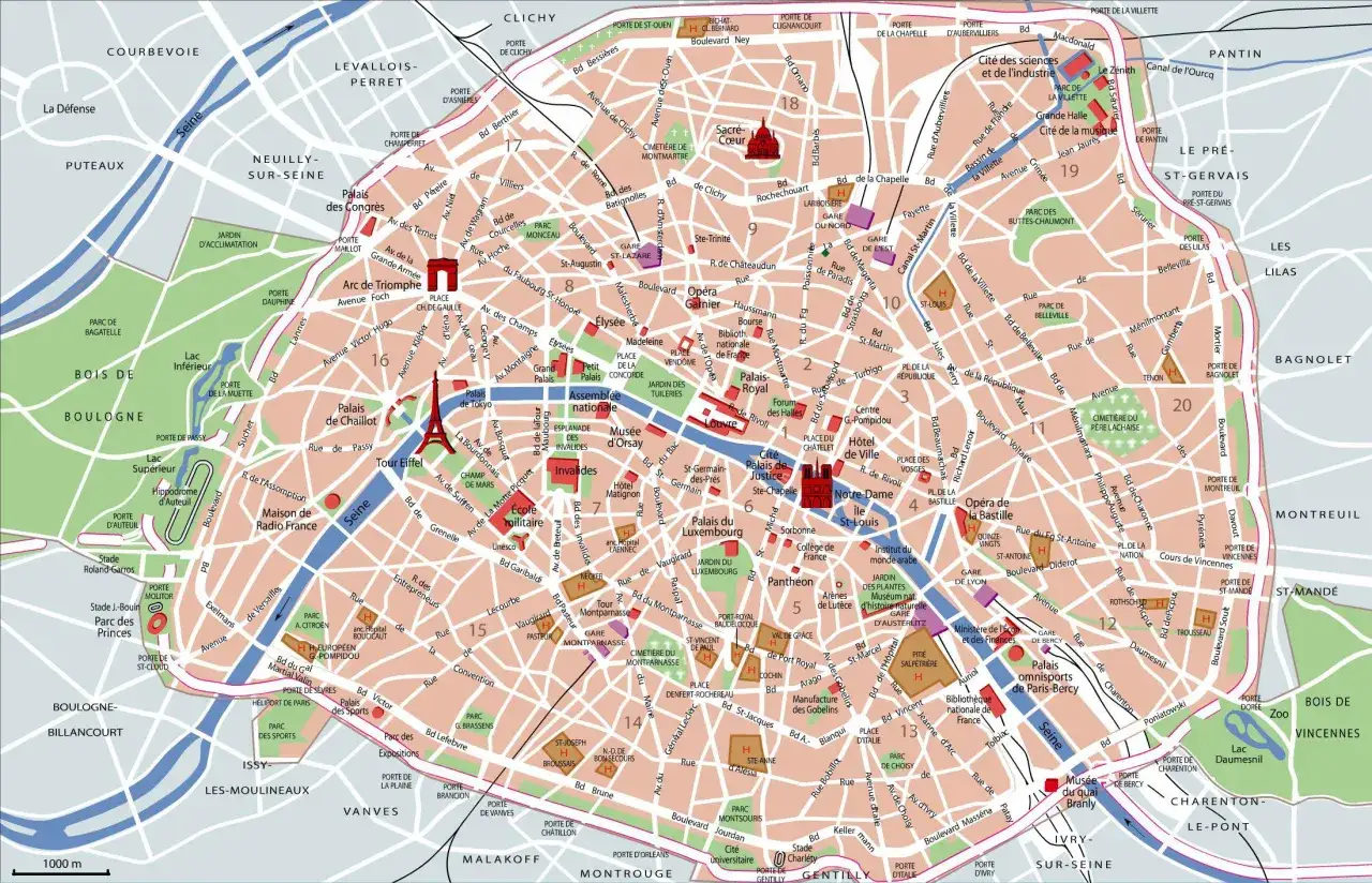 Mapa atrakcji turystycznych Paryża wzdłuż Sekwany